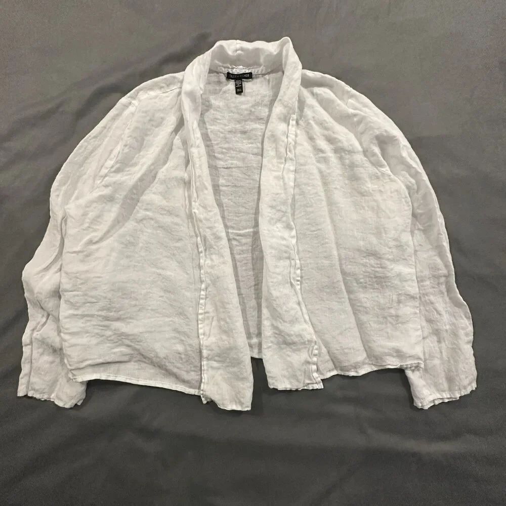 Eileen Fisher 100% Linen Open Front Cardigan Sweater Womens L White Lightweight